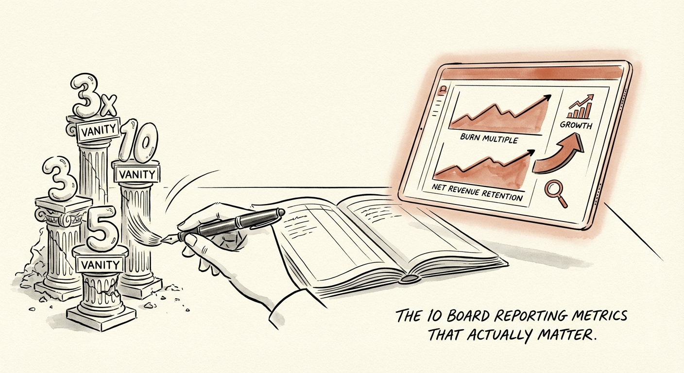 SaaS CFO dashboard showing burn multiple and net revenue retention metrics