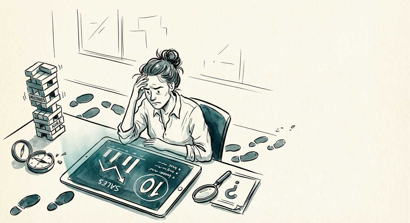Founder reviewing sales metrics on a dashboard with a stressed expression, symbolizing the high stakes of VP Sales hiring.