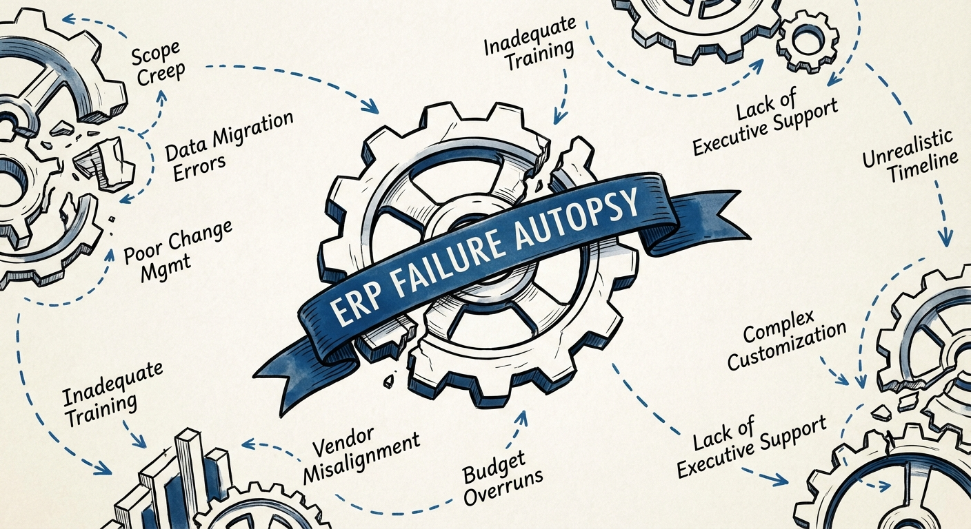 Infographic showing the 10 causes of ERP failure including scope creep and data migration errors