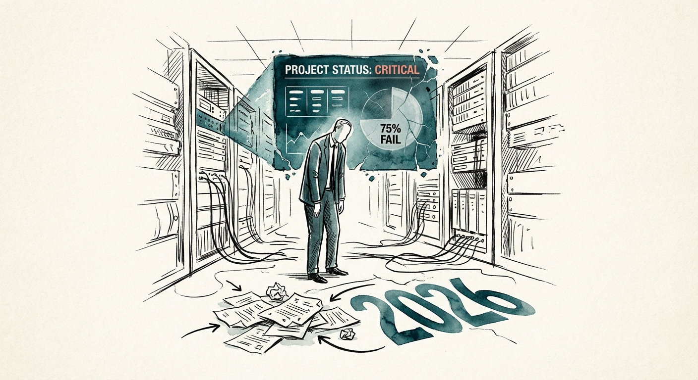 A stressed CIO looking at a red project status dashboard in a server room context