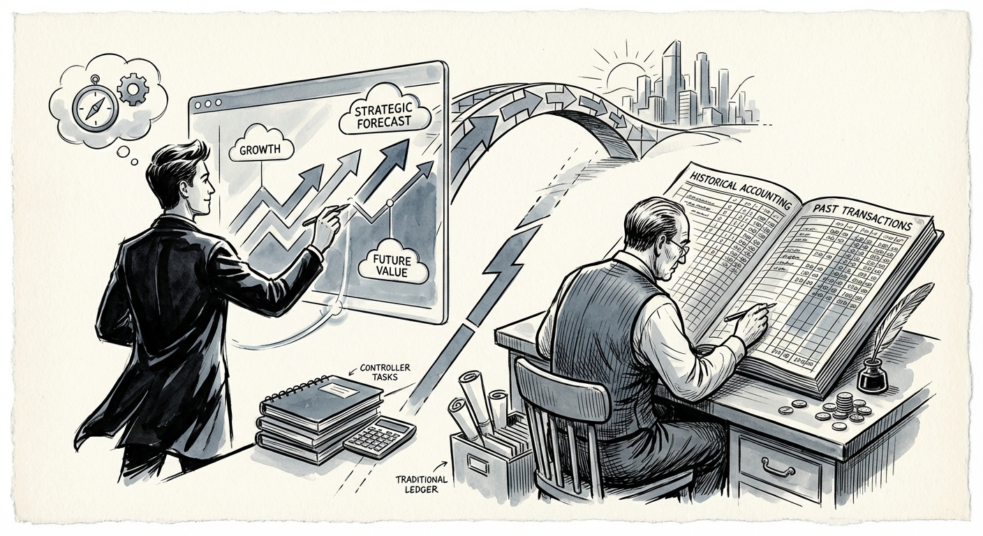 Strategic CFO analyzing financial forecast dashboard versus traditional accounting ledger
