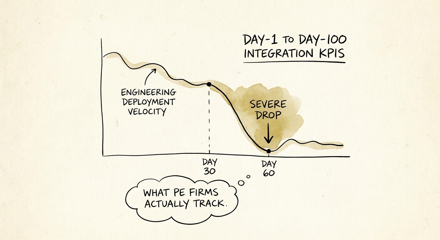 Graph showing the severe drop in engineering deployment velocity during Days 30 to 60 of an M&A integration.