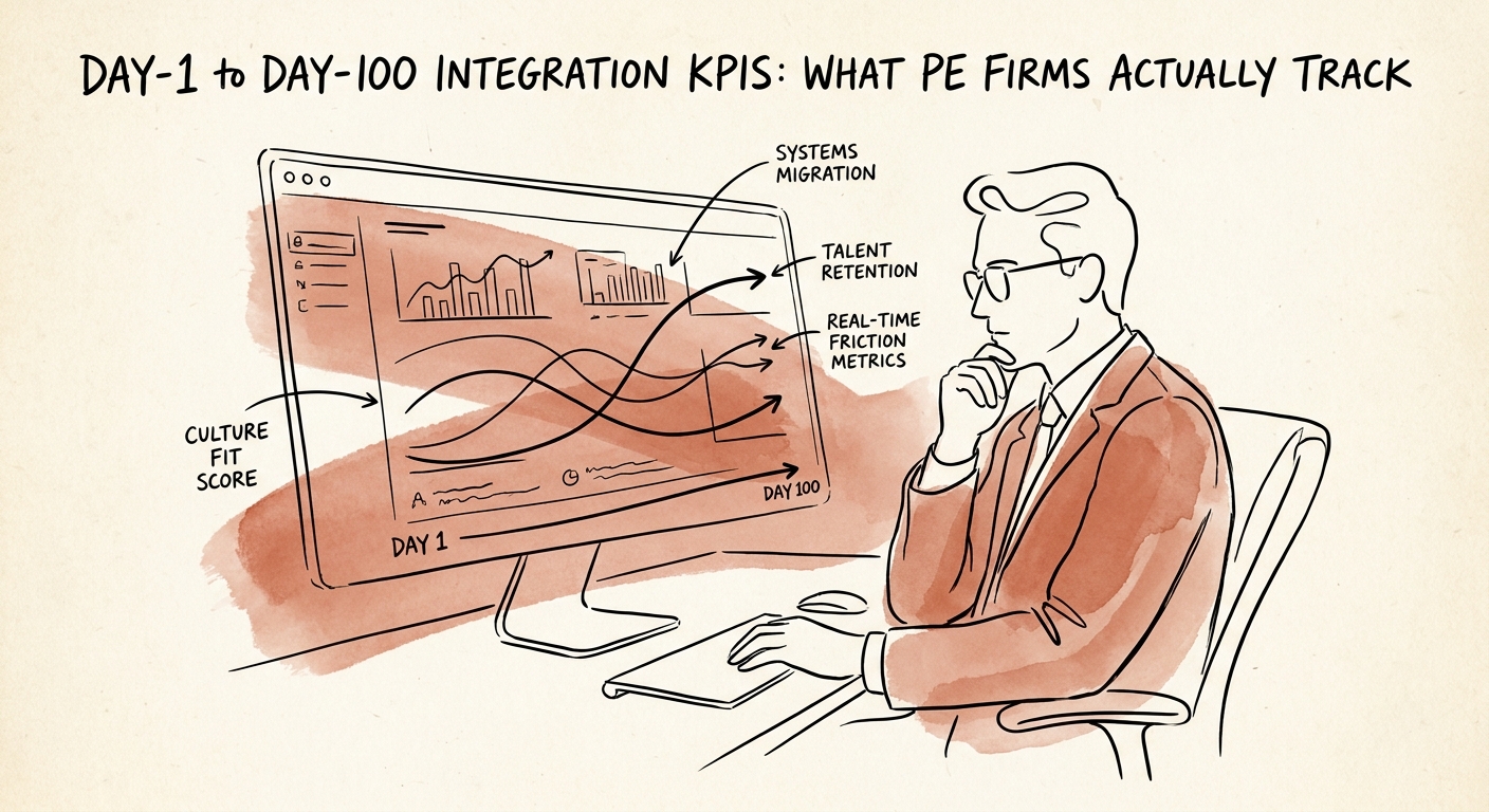 Private equity operating partner analyzing real-time Day 100 integration friction metrics over a dashboard.
