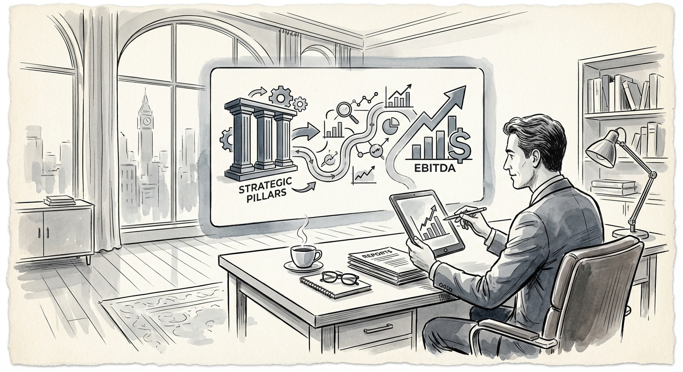 Private Equity Operating Partner reviewing a 100-day value creation plan dashboard on a tablet