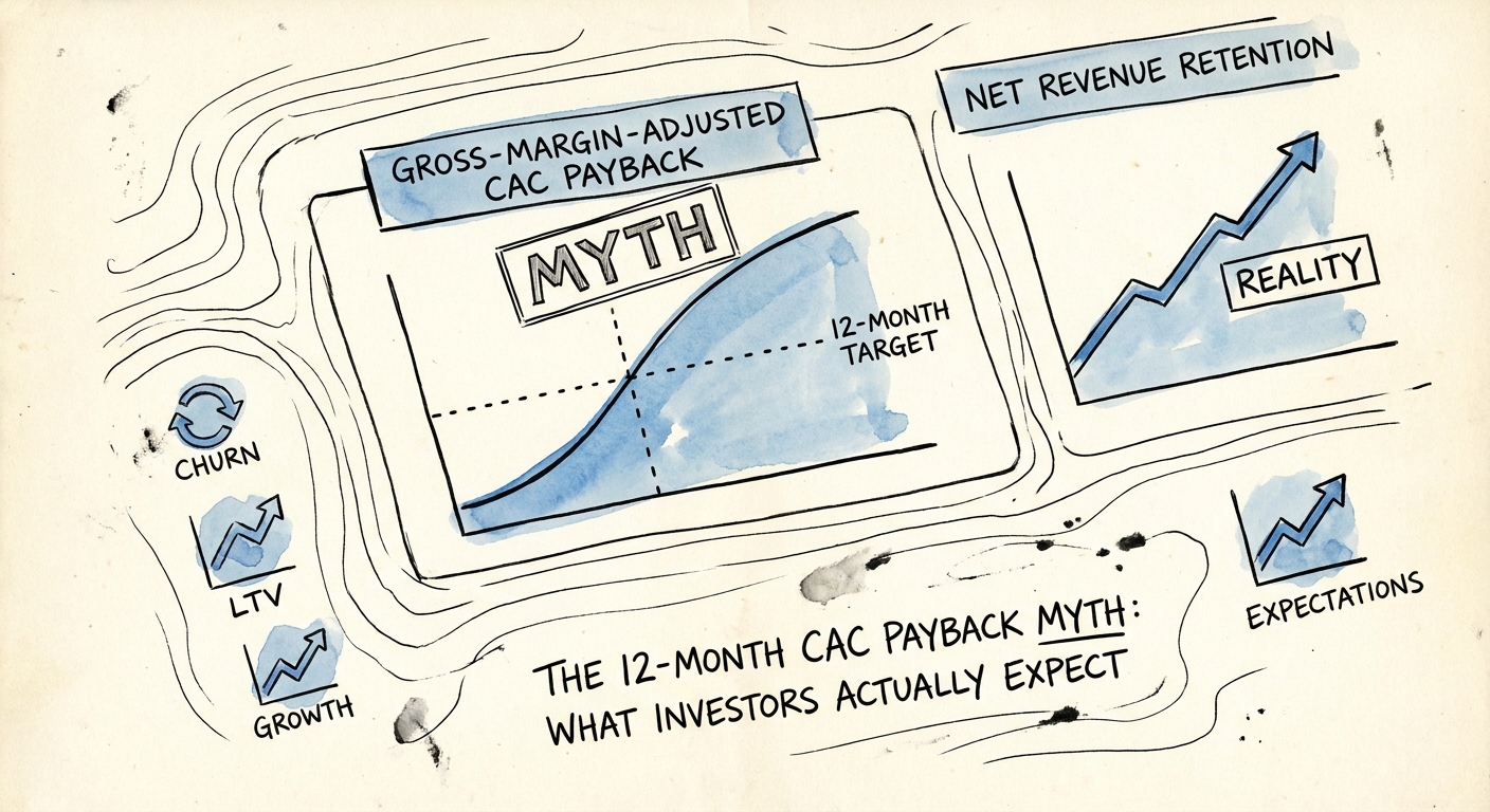 Financial dashboard displaying gross-margin-adjusted CAC payback alongside Net Revenue Retention metrics.