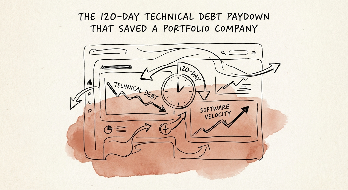 A close-up of a digital dashboard showing technical debt reduction metrics and increased software velocity.