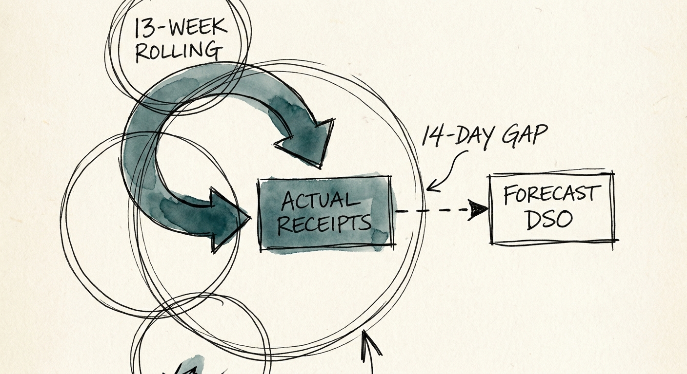 Data visualization showing the 14-day gap between forecasted Days Sales Outstanding and actual receipts in mid-market software companies