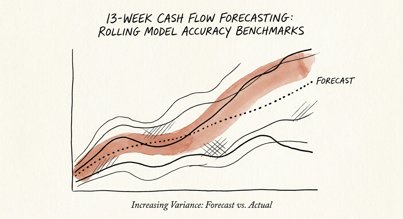 Chart demonstrating the growing variance between forecasted cash and actual cash in a 13-week rolling model