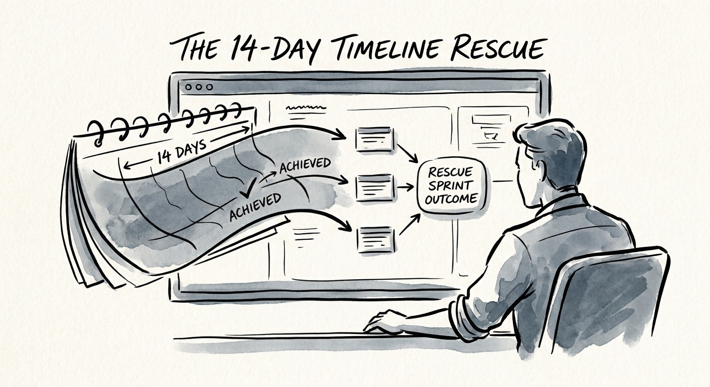 Executive reviewing a 14-day rescue sprint outcome dashboard