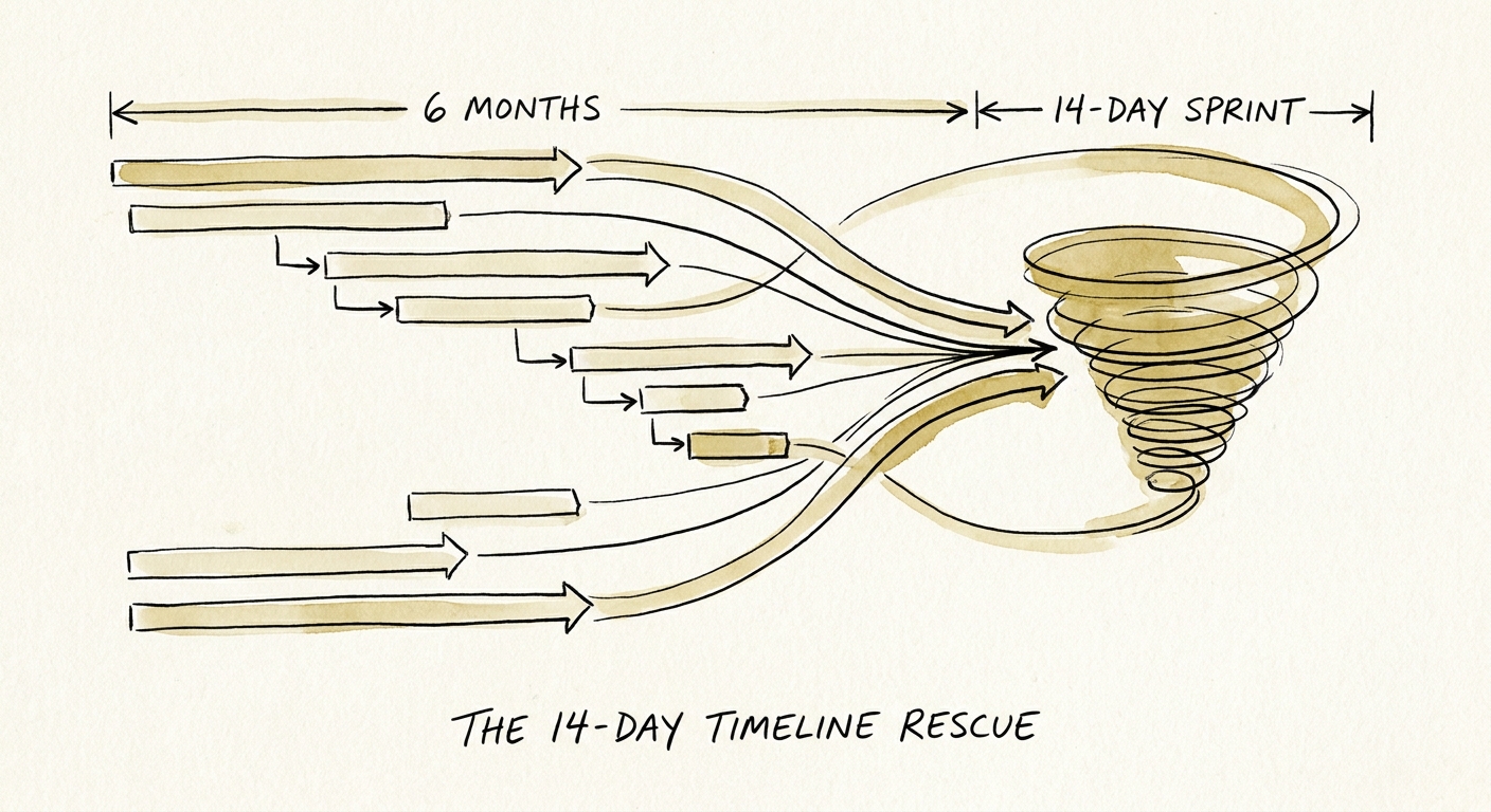 Gantt chart being compressed into a 14-day agile sprint timeline