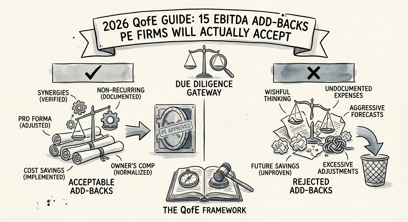 Chart showing acceptable versus rejected EBITDA add-back categories in private equity due diligence