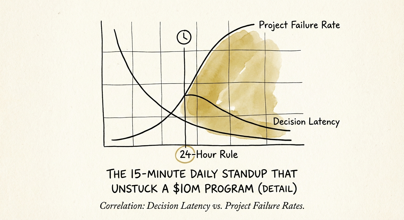 Graph showing the correlation between decision latency and project failure rates, highlighting the 24-hour rule impact.
