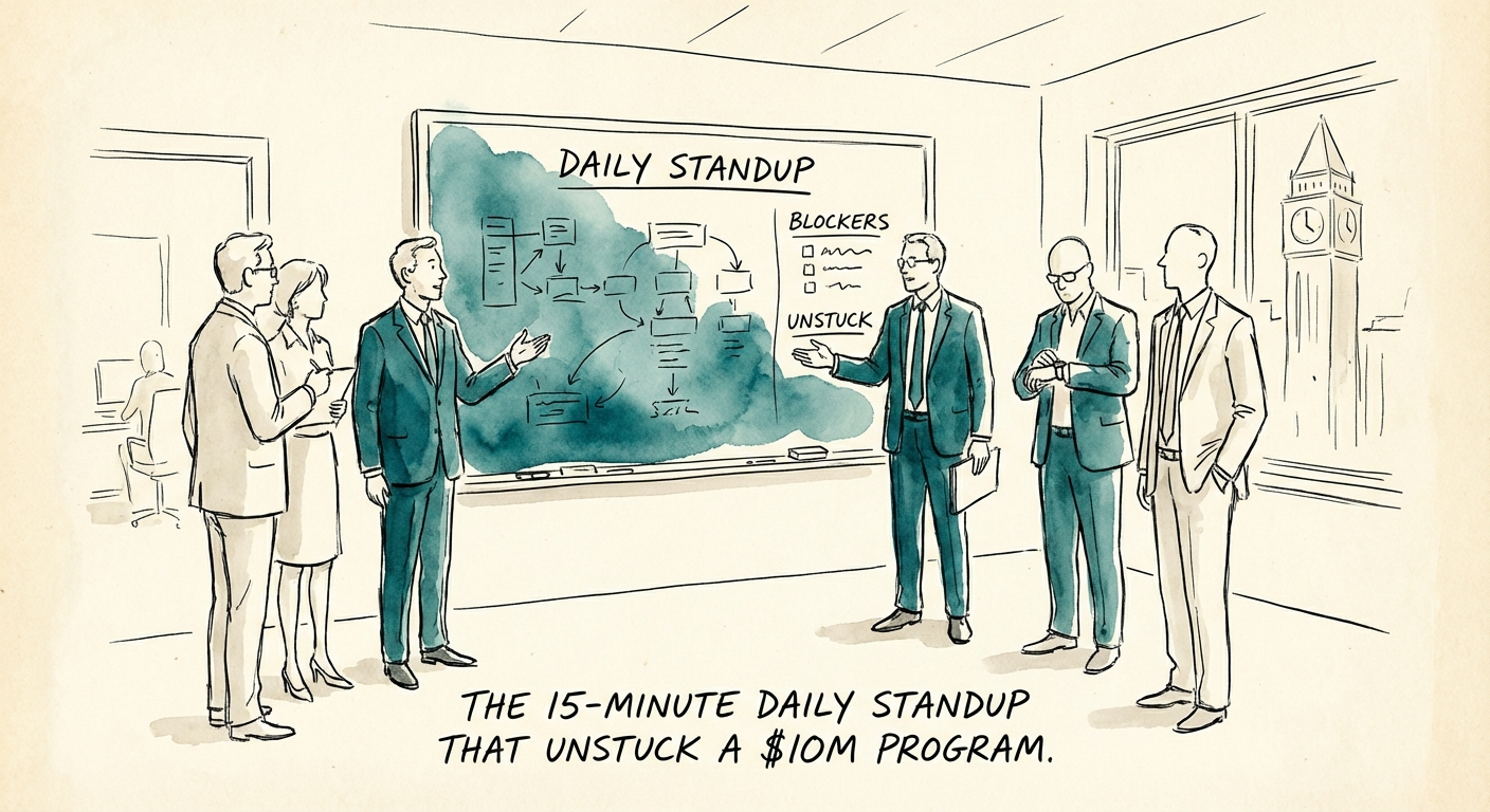 Executive team standing around a whiteboard in a modern office, engaged in a 15-minute daily standup meeting to unblock a digital transformation project.