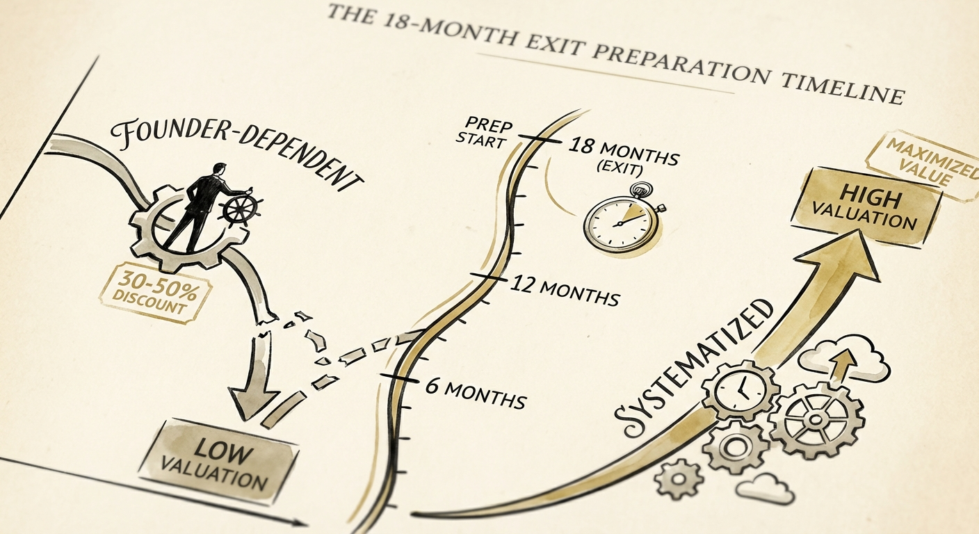 Chart comparing valuation multiples of founder-dependent companies vs. systematized companies, highlighting a 30-50% discount gap.