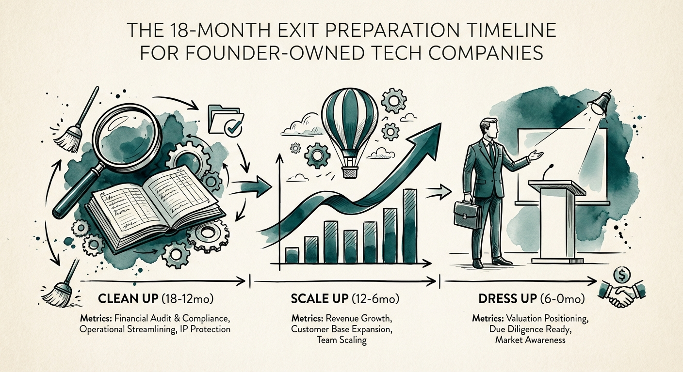 A timeline graphic showing three phases of exit preparation: Clean Up (18-12mo), Scale Up (12-6mo), and Dress Up (6-0mo), with key metrics for each.