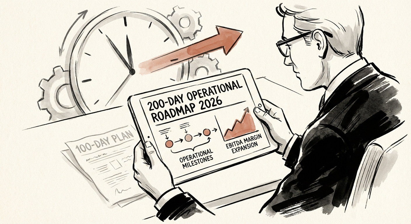 Private Equity Operating Partner reviewing a 200-day value creation roadmap on a digital dashboard, highlighting EBITDA margin expansion and operational milestones.