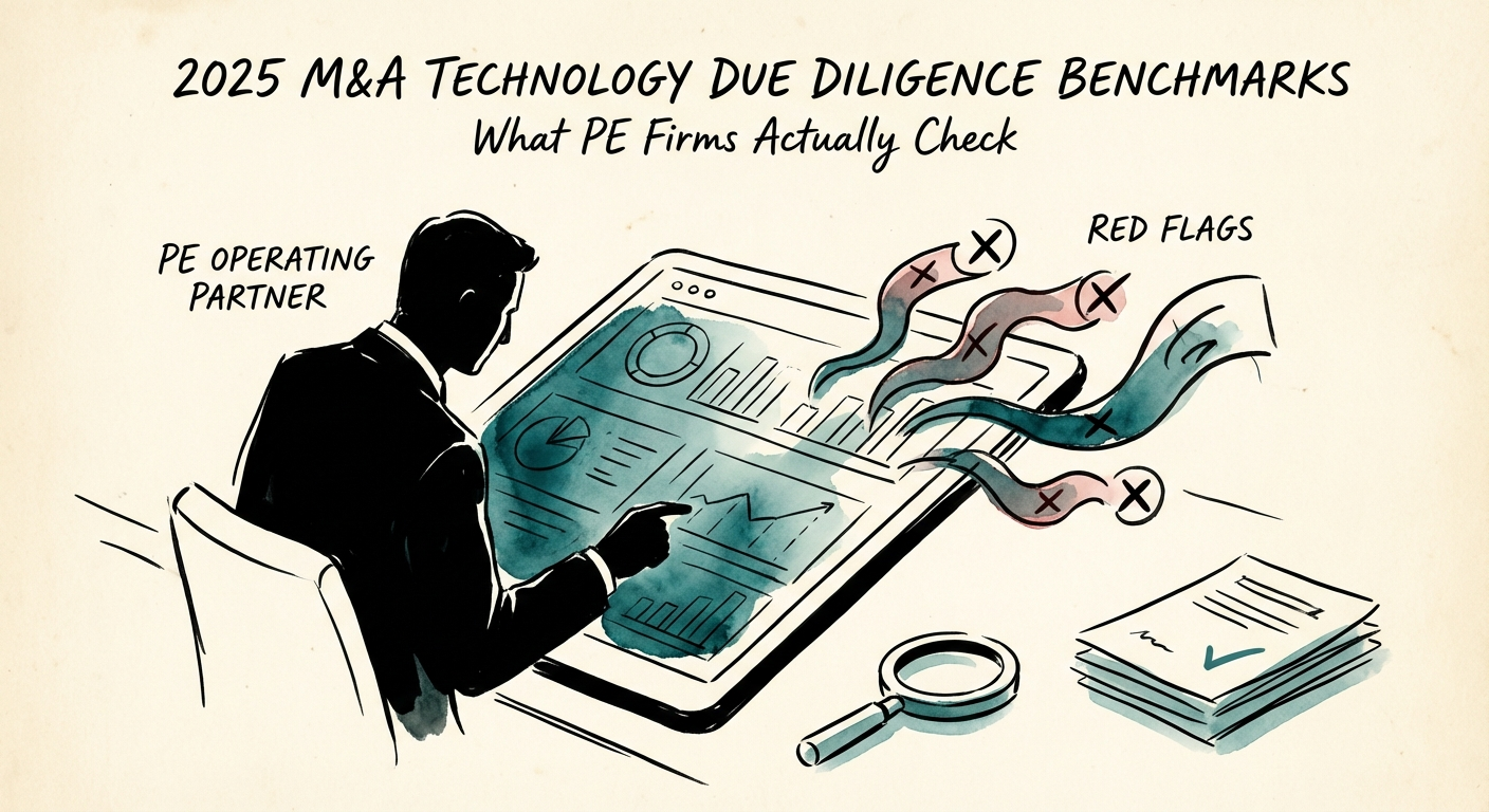 Private Equity Operating Partner reviewing technical due diligence report with red flags highlighted on a digital dashboard