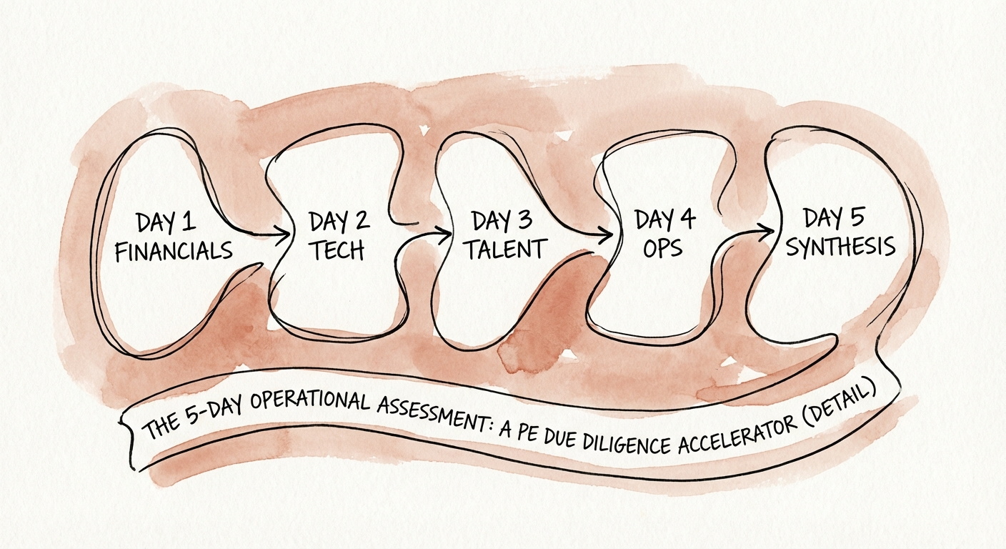 Diagram showing the 5-Day Operational Assessment Framework: Day 1 Financials, Day 2 Tech, Day 3 Talent, Day 4 Ops, Day 5 Synthesis.