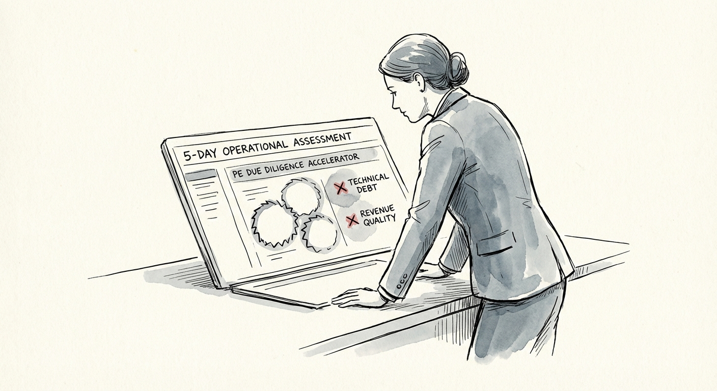 Private Equity Operating Partner reviewing a 5-day operational assessment dashboard with red flag indicators for technical debt and revenue quality.