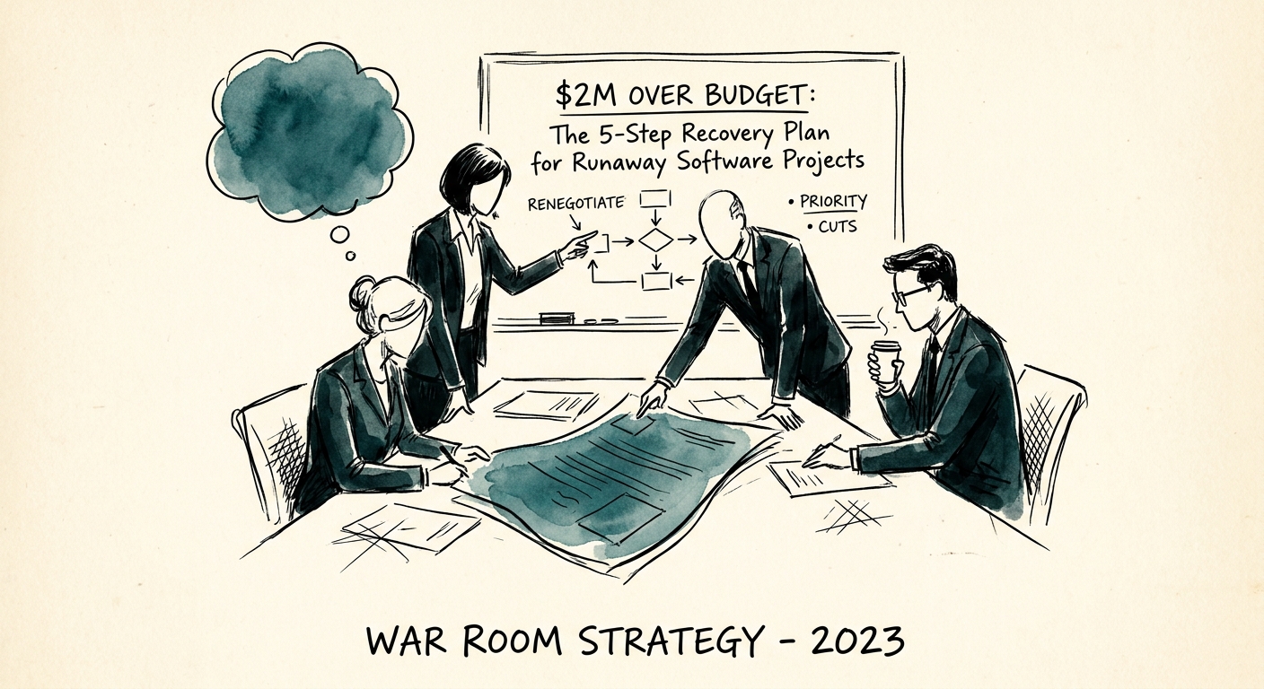 A strategic War Room setting where operating partners and project leads are renegotiating software delivery milestones.