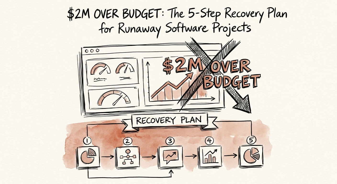 A dashboard showing a red-status software project budget being aggressively slashed and brought back under control.