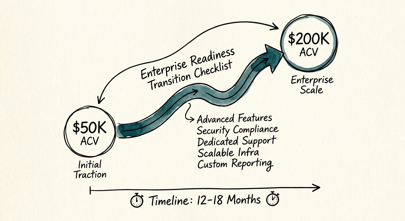 A conceptual chart showing the transition metrics and timeline for moving a SaaS company from $50k to $200k ACV.