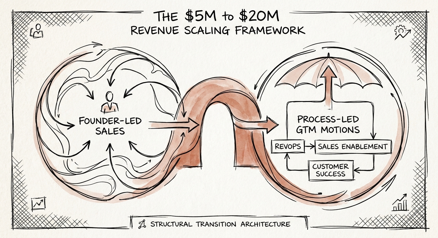 Diagram of a scalable revenue operations architecture showing the structural transition from founder-led sales to process-led GTM motions.