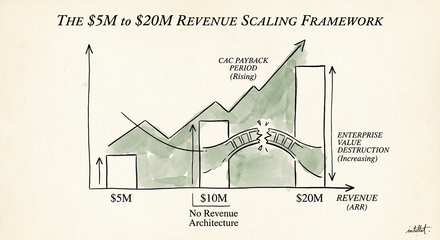 Bar chart illustrating the increase in CAC payback period and enterprise value destruction as B2B SaaS companies scale past $10M ARR without revenue architecture.