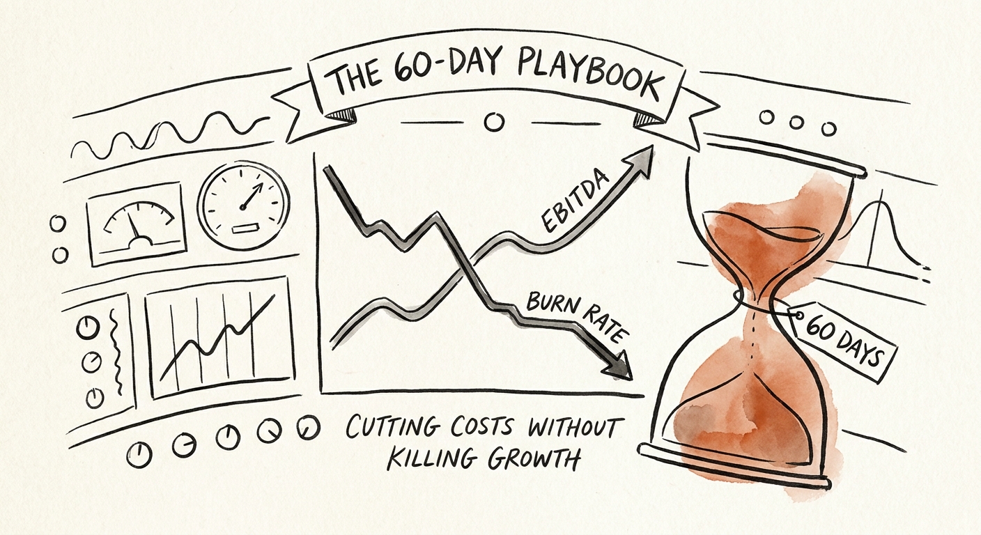 A dashboard displaying rapid burn rate reduction and EBITDA expansion metrics over a 60-day sprint