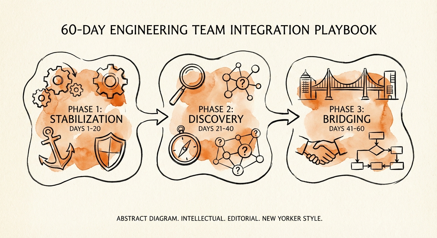 Diagram showing the three phases of the 60-day engineering integration playbook: Stabilization, Discovery, and Bridging