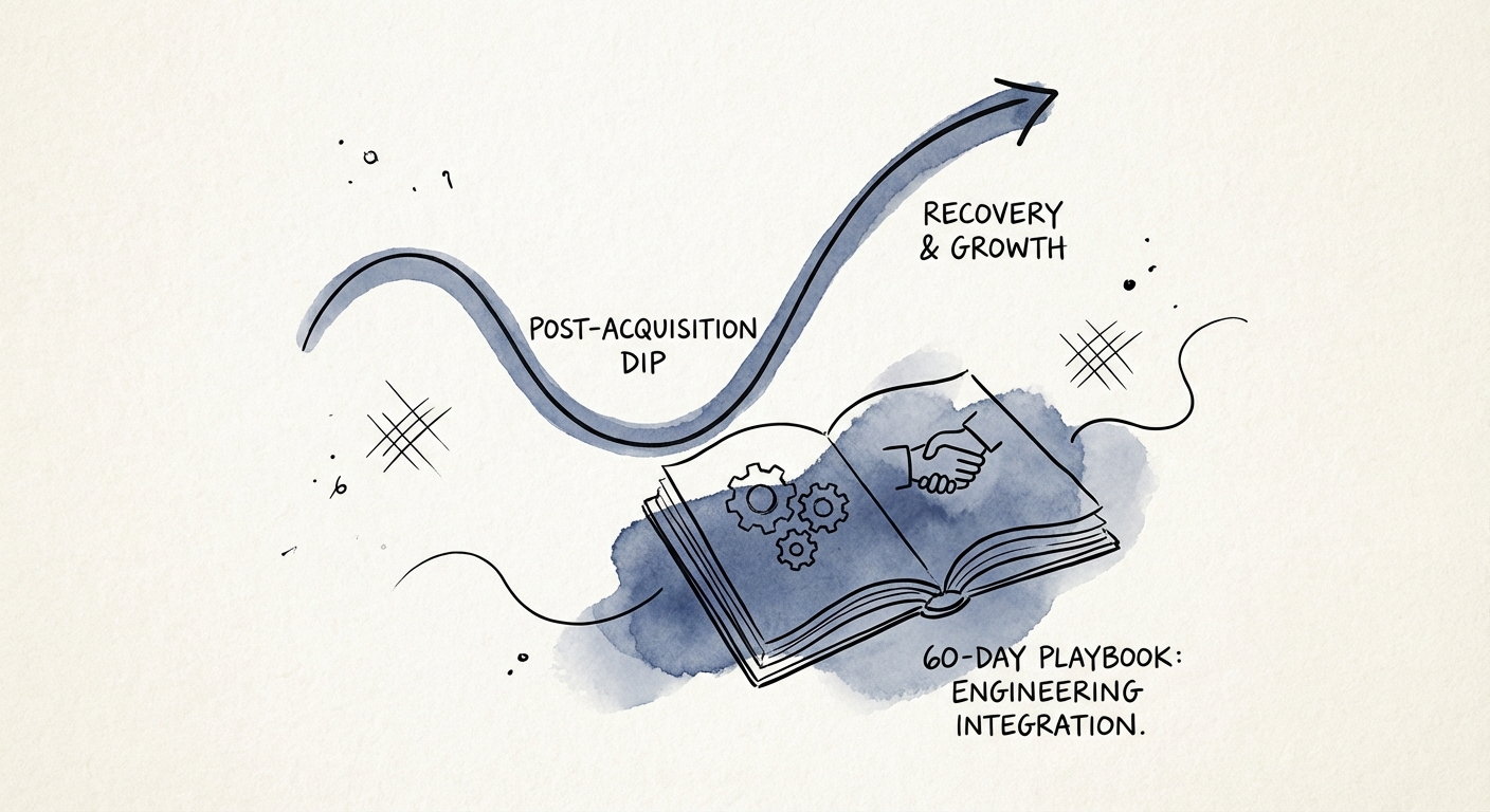 Abstract visualization of engineering velocity trends showing a dip and recovery curve post-acquisition