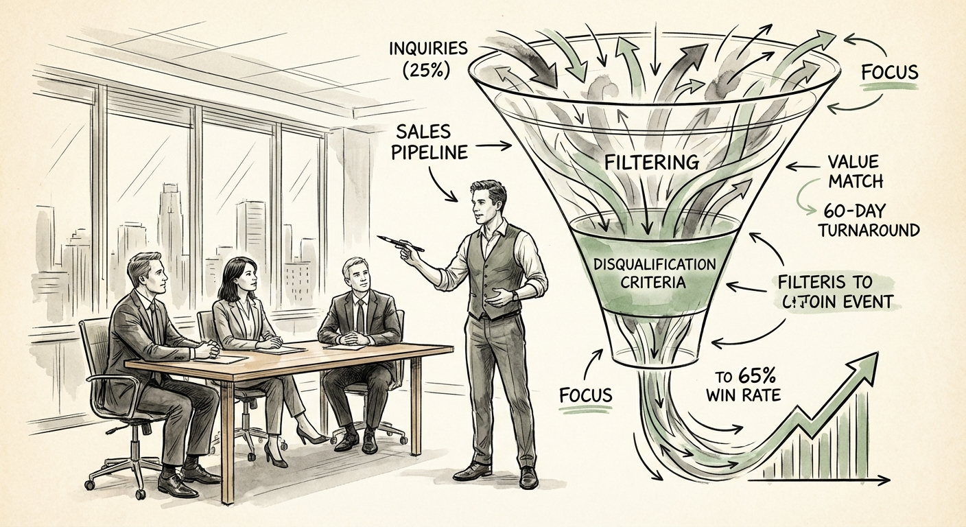 Justin Leader explaining the sales pipeline funnel and disqualification criteria to a B2B SaaS executive team.