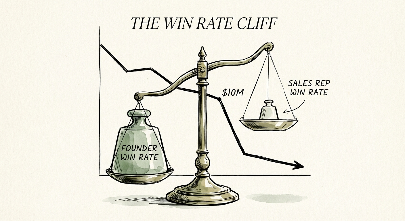 Comparison chart showing Founder Win Rate vs. Sales Rep Win Rate illustrating the 'Win Rate Cliff'.