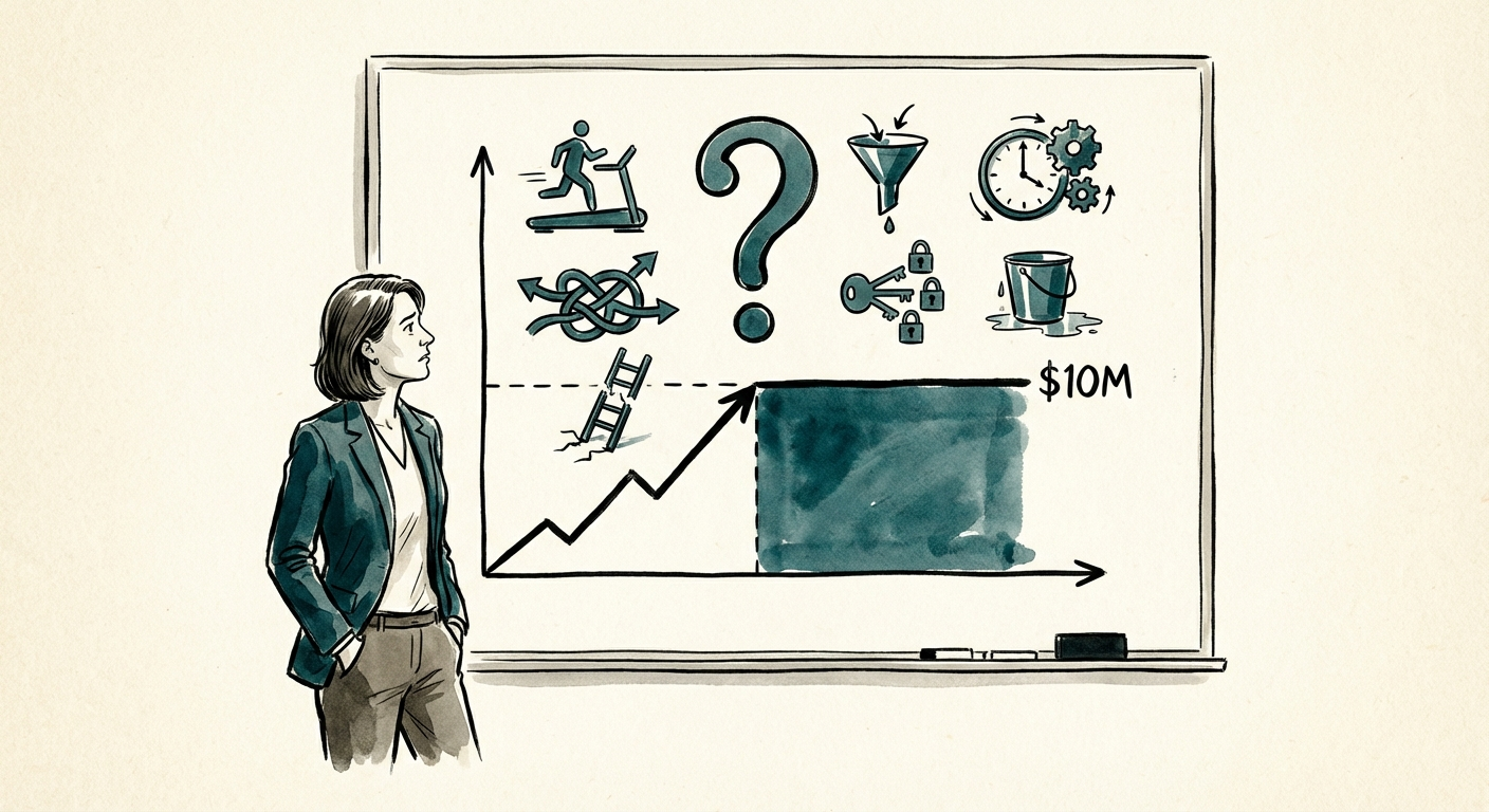 Founder standing in front of a whiteboard with a stalled sales graph, looking concerned about scalability.
