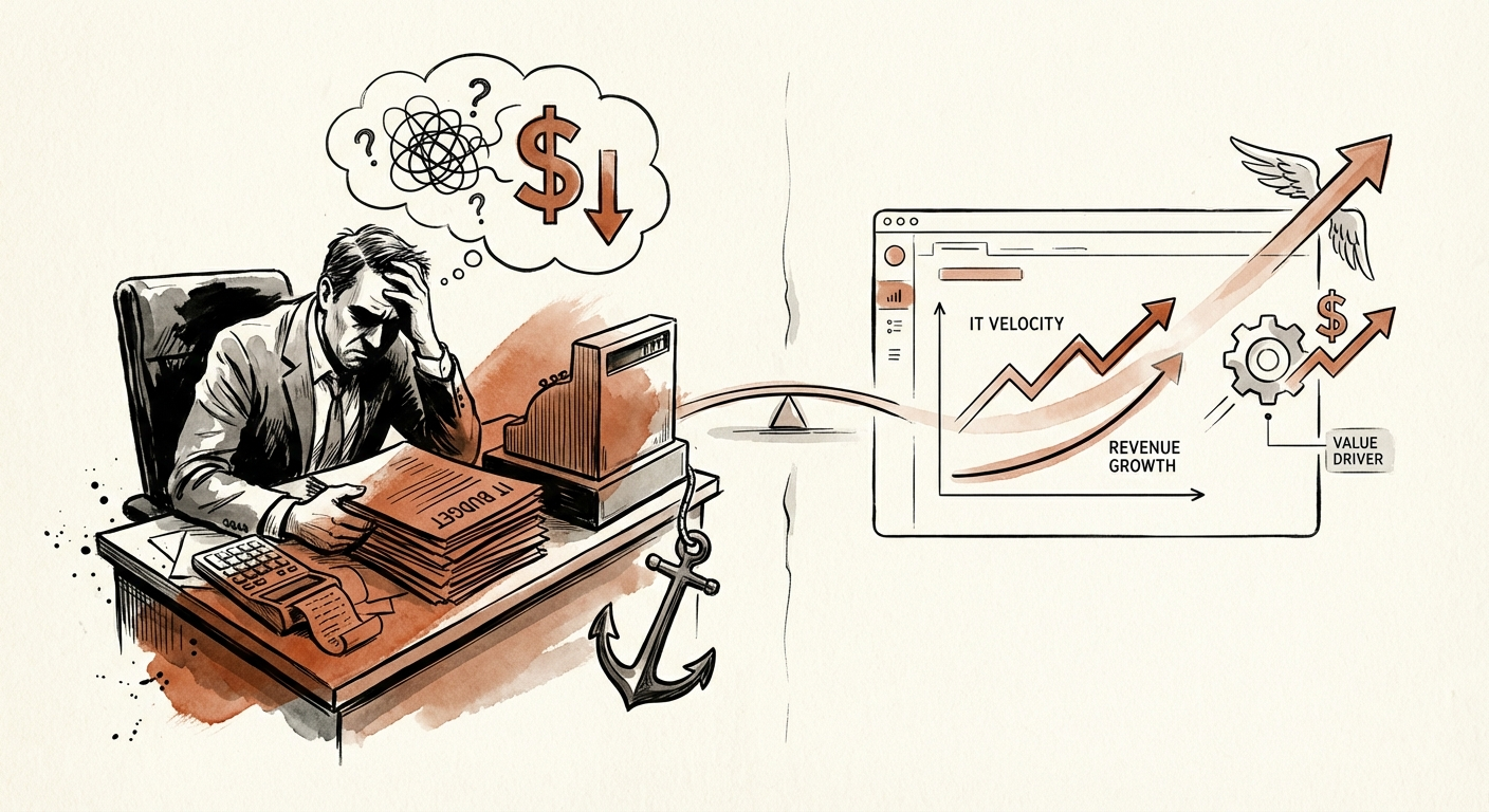 A split visual showing a frustrated PE Operating Partner reviewing a high-cost IT budget on the left, versus a streamlined dashboard showing IT velocity correlated to revenue growth on the right.