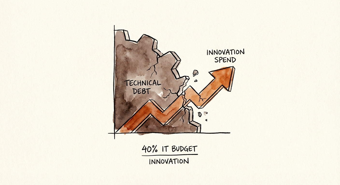 Chart showing technical debt consuming 40% of IT budget vs innovation spend