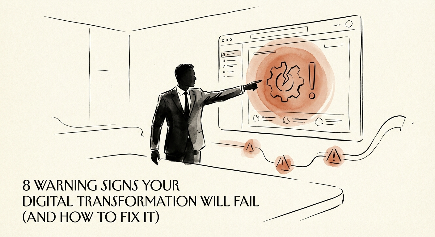 Executive pointing at a red warning indicator on a digital transformation project dashboard