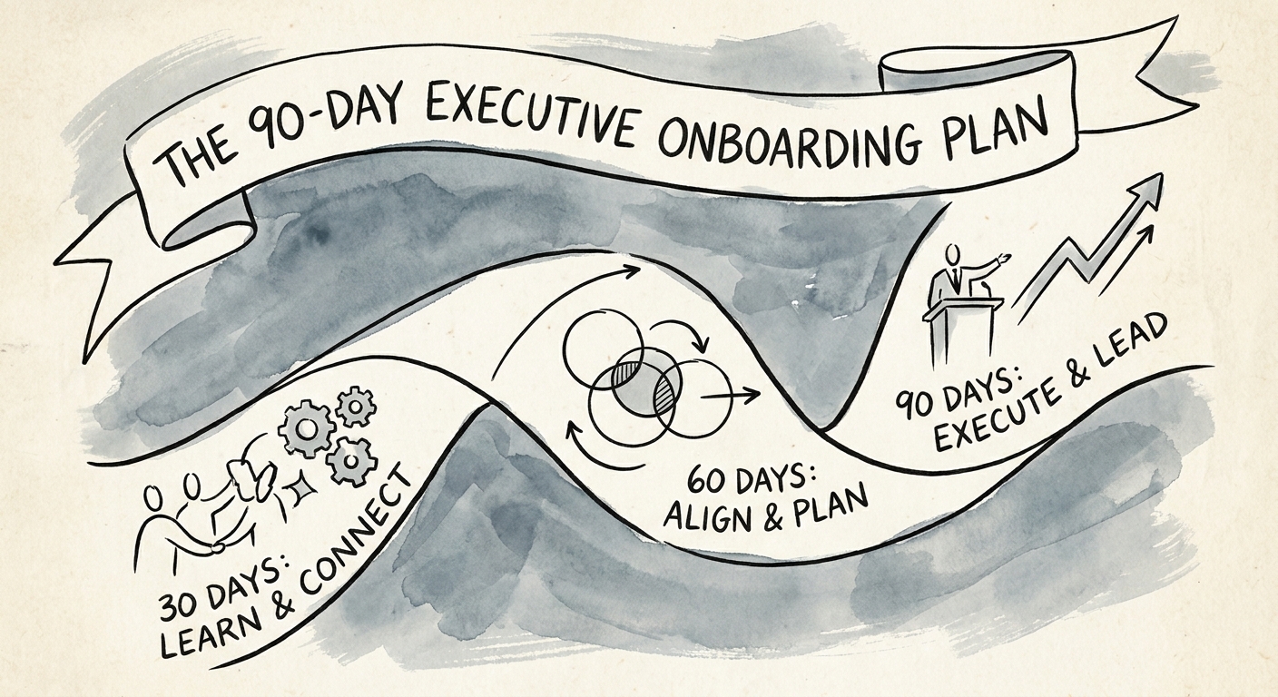 A visual framework showing the 30-60-90 day timeline for strategic executive integration and stakeholder mapping.