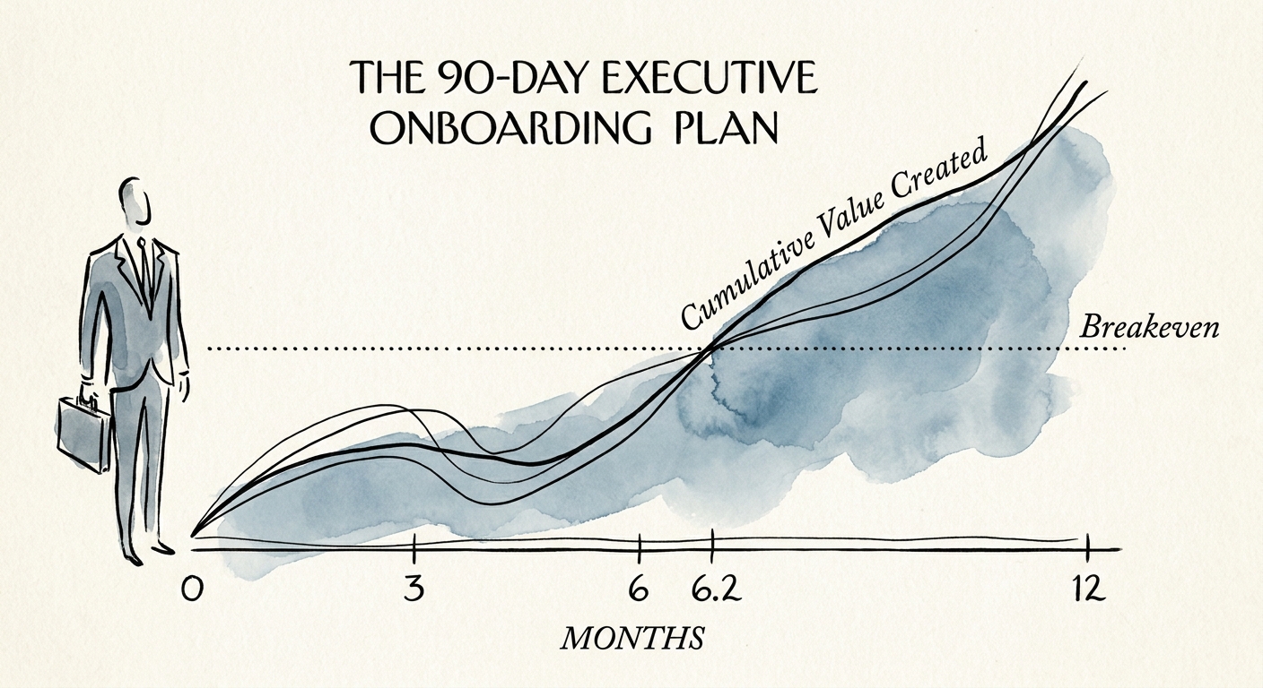 A chart illustrating the 6.2 month breakeven point for executive onboarding against cumulative value created.