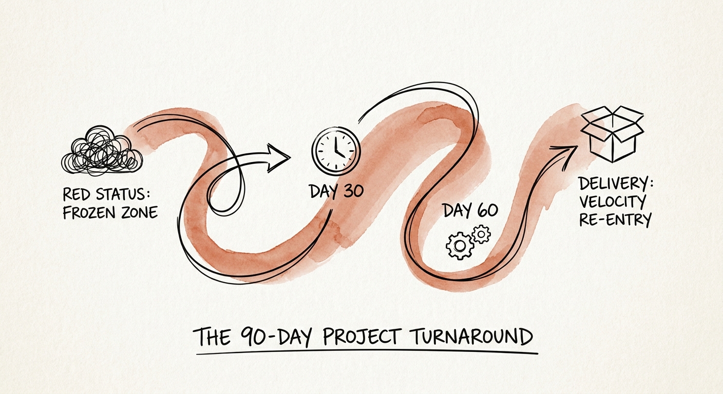 A project recovery timeline mapping the 90-day turnaround phase from frozen zone to velocity re-entry.