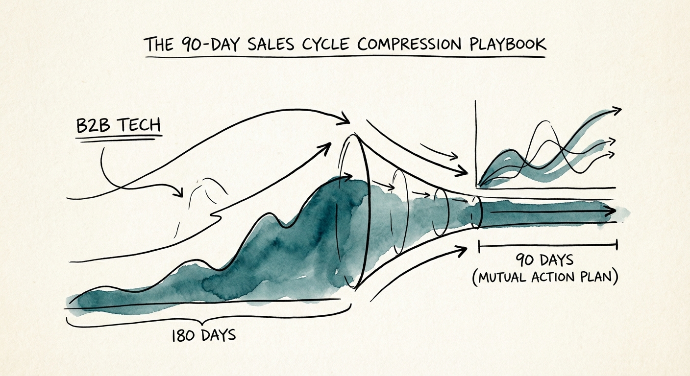 Abstract data visualization showing the compression of a 180-day timeline into a 90-day mutual action plan.