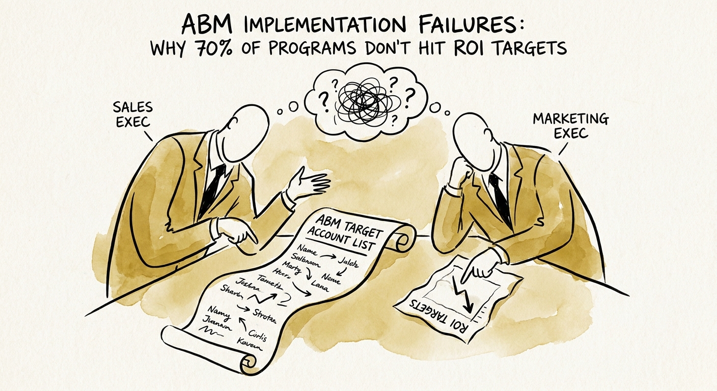 Two executives looking at a flawed ABM target account list, representing the misalignment between enterprise sales and marketing teams.