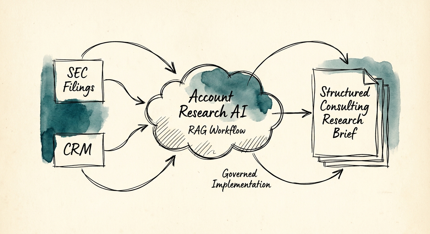 Account research workflow connecting CRM records, public sources, internal expertise, synthesis, and partner review.