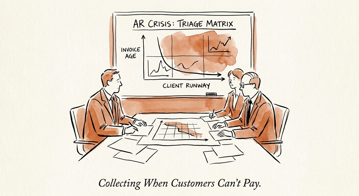 An executive team reviewing an accounts receivable triage matrix comparing invoice age against client operational runway.