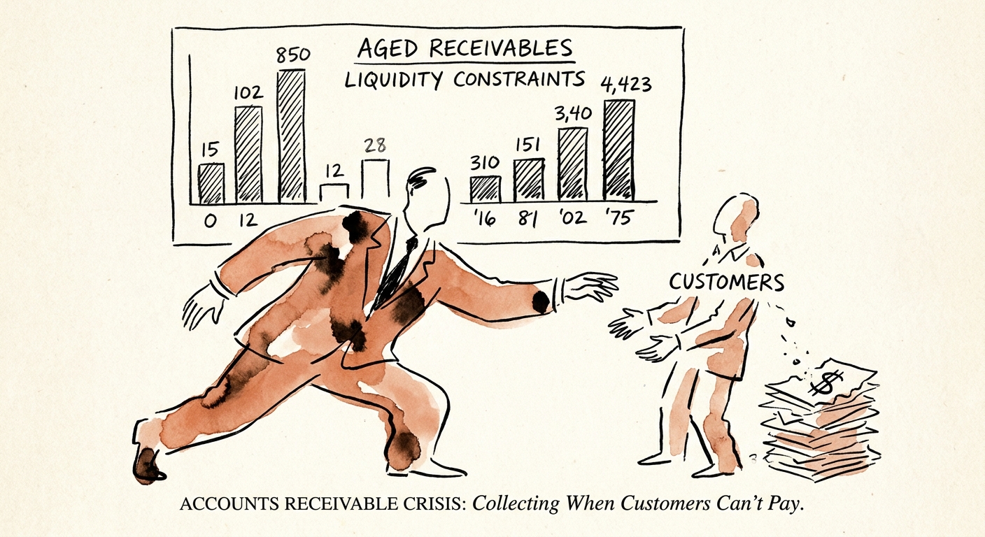 A dashboard showing aged accounts receivable metrics highlighting severe liquidity constraints in B2B markets.