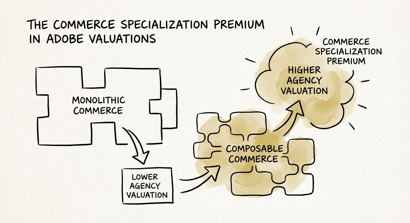 Diagram comparing Monolithic vs Composable Commerce architecture impact on agency valuation