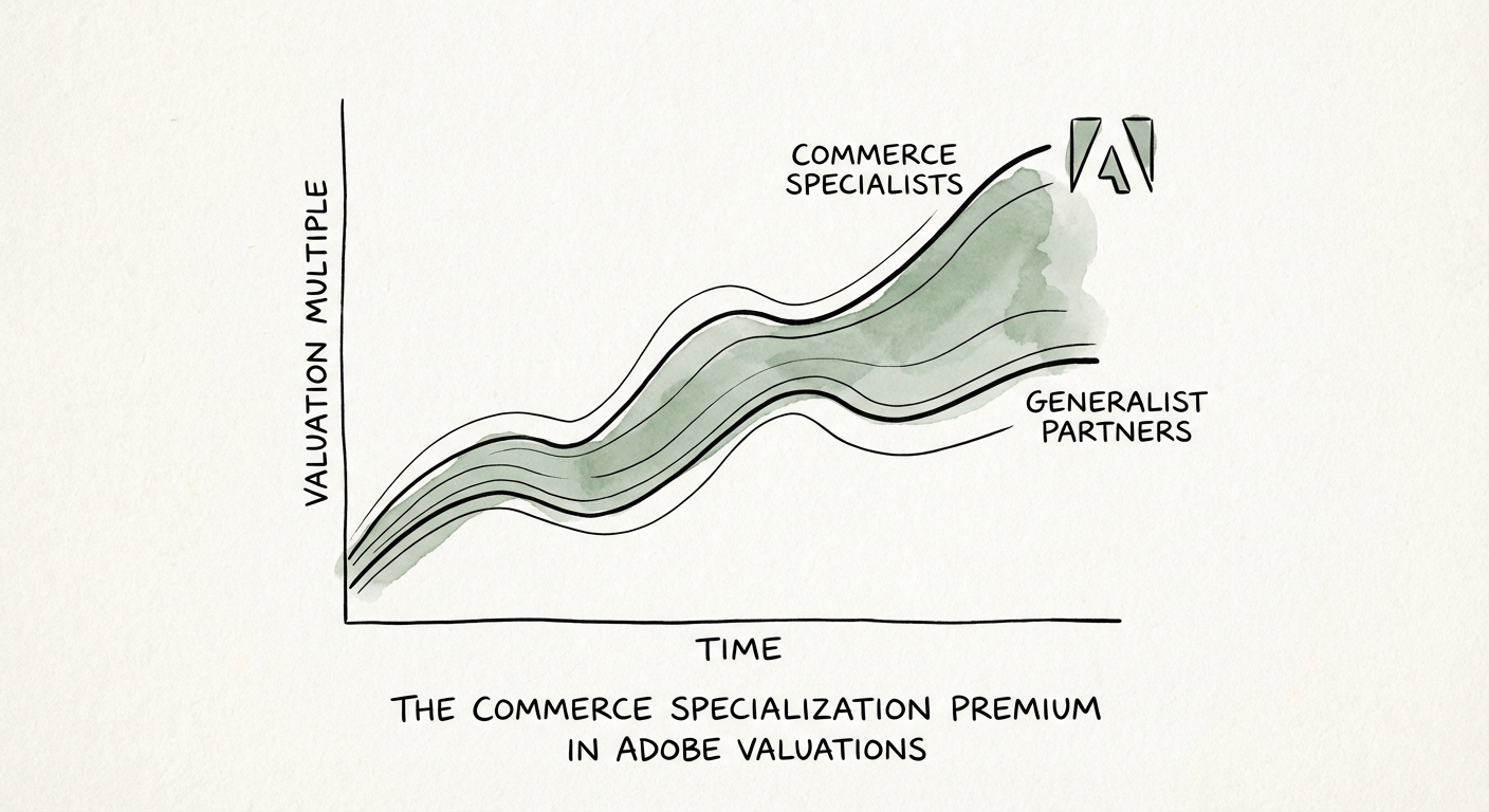 Graph showing valuation multiple divergence between Adobe Generalist Partners and Commerce Specialists