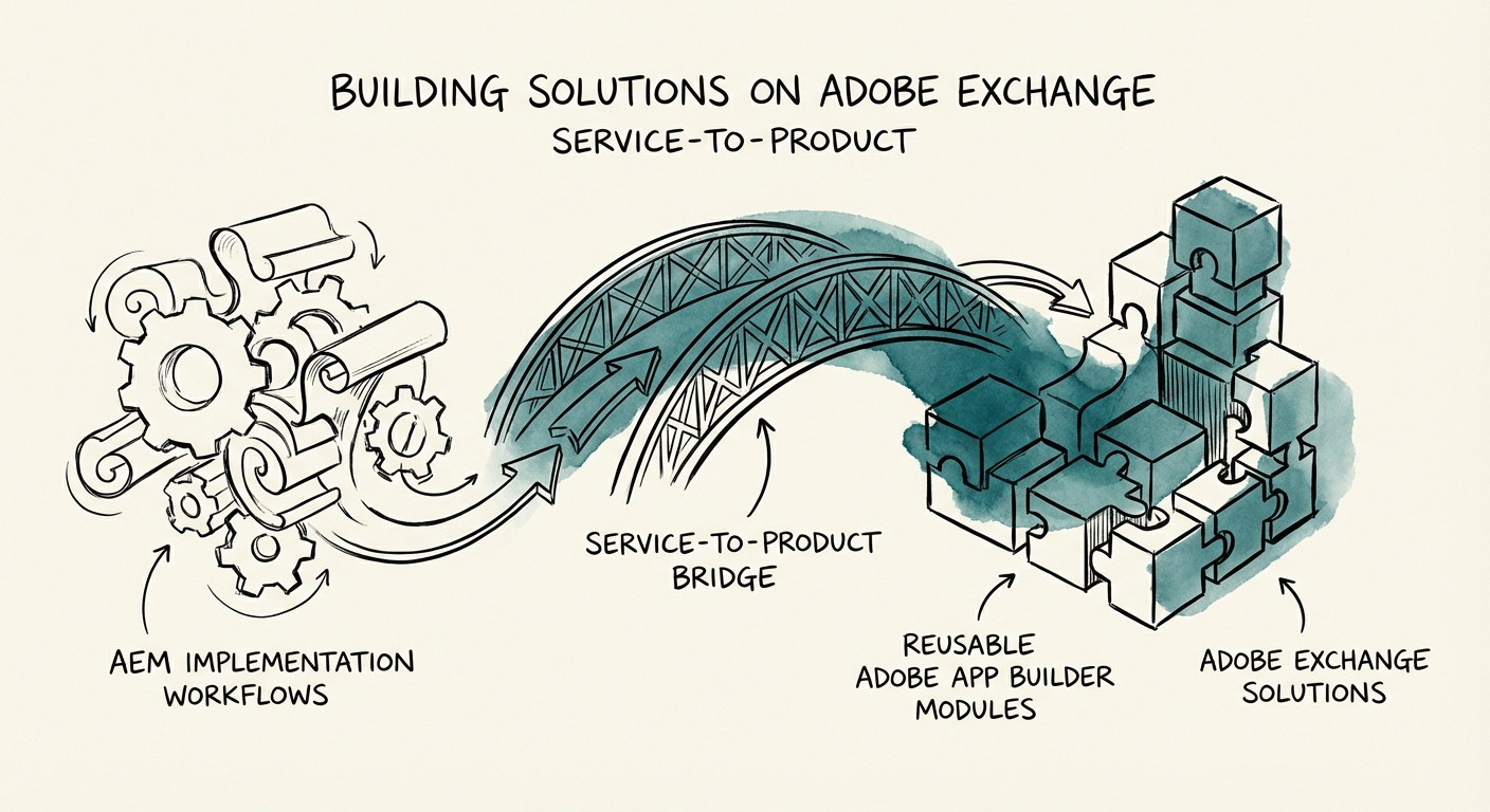 Diagram showing the 'Service-to-Product' bridge: converting AEM implementation workflows into reusable Adobe App Builder modules.