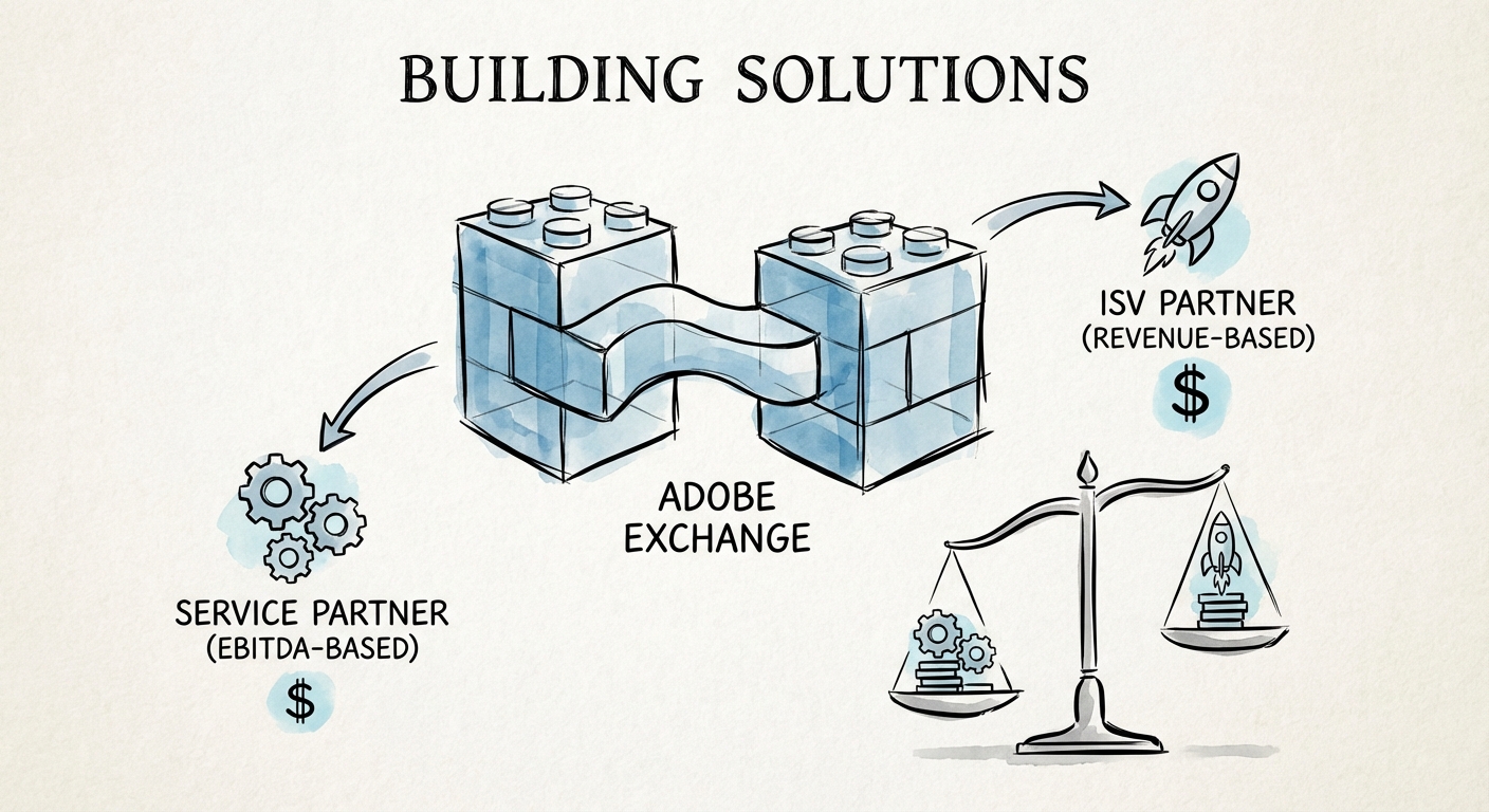 Visual comparison of valuation multiples: Adobe Service Partner (EBITDA-based) vs. Adobe ISV Partner (Revenue-based).