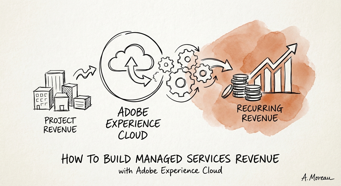 Adobe Experience Cloud Managed Services Revenue Model Diagram showing transition from project revenue to recurring revenue